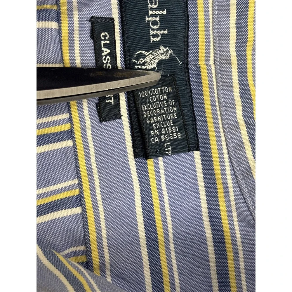 Polo Ralph Lauren Shirt Men 17 1/2 34/35‎ Blue Yellow Striped Button Down Preppy